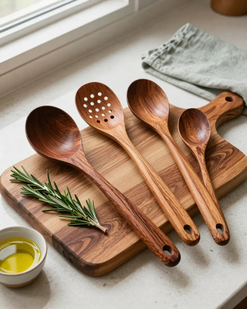 Acacia wood ladle and spoons on a chopping board