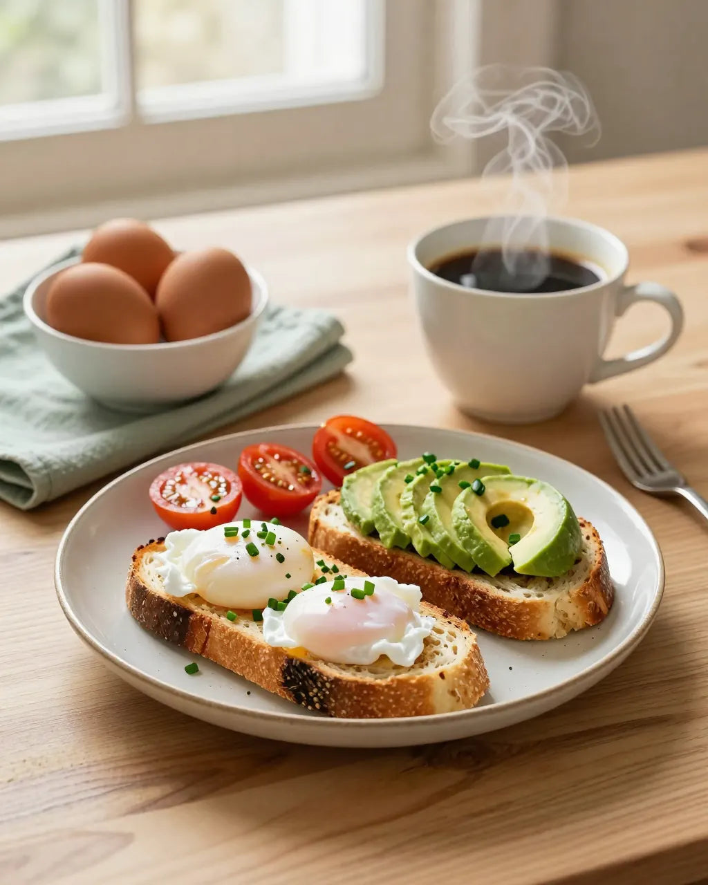 Poached eggs on toast with avocado