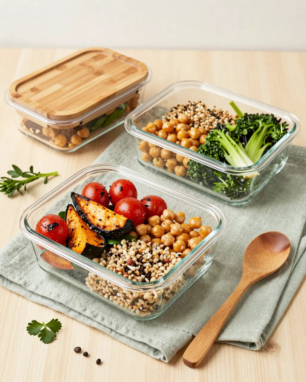 Glass meal-prep containers with bamboo lids