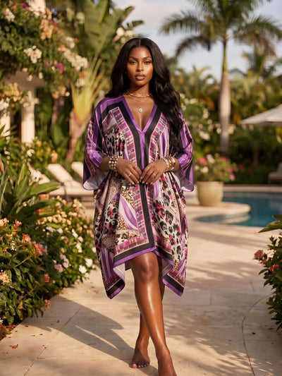 Women's Purple Print Kaftan Cover Up Dress, Loose V-Neck Flowy Beach Swimsuit Coverup with Kimono Sleeves