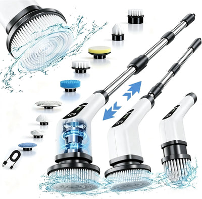 Electric Spin Scrubber with 9 Brush Heads, Cordless Shower Cleaning Brush, Extendable Handle, Waterproof Bathroom Tile Tub Kitchen Cleaner