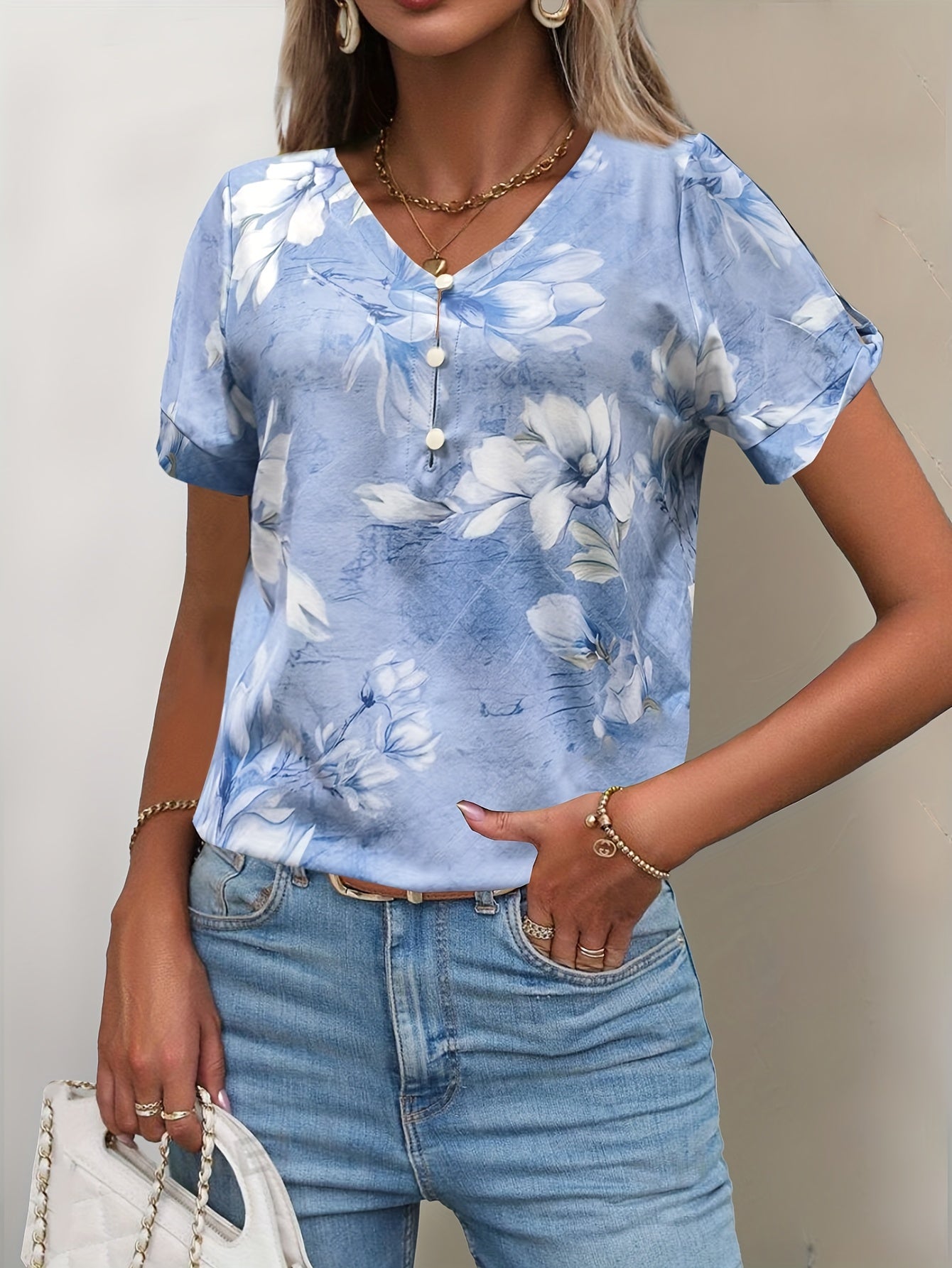 Elara™ | Casual Floral V-Neck Tee