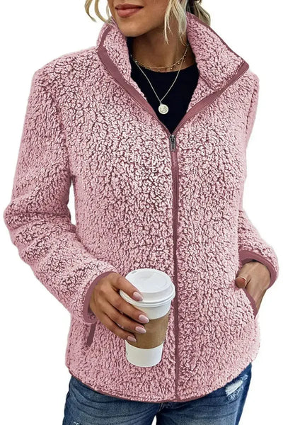 Solid Fleece Zip-Up Jacket High Neck Long Sleeve | Effortless Everyday Women