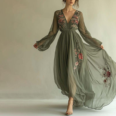 Floral Maxi Dress V-Neck Long Sleeve | Elegant Brunch Women