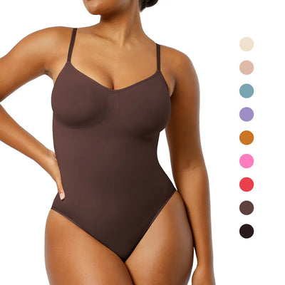 Women's Seamless Shaping Bodysuit Sleeveless V-Neck Tummy Control One-Piece Shapewear with Adjustable Straps