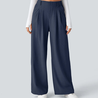Women's High Waisted Wide Leg Pleated Work Pants with Pockets - Casual Office Trouser