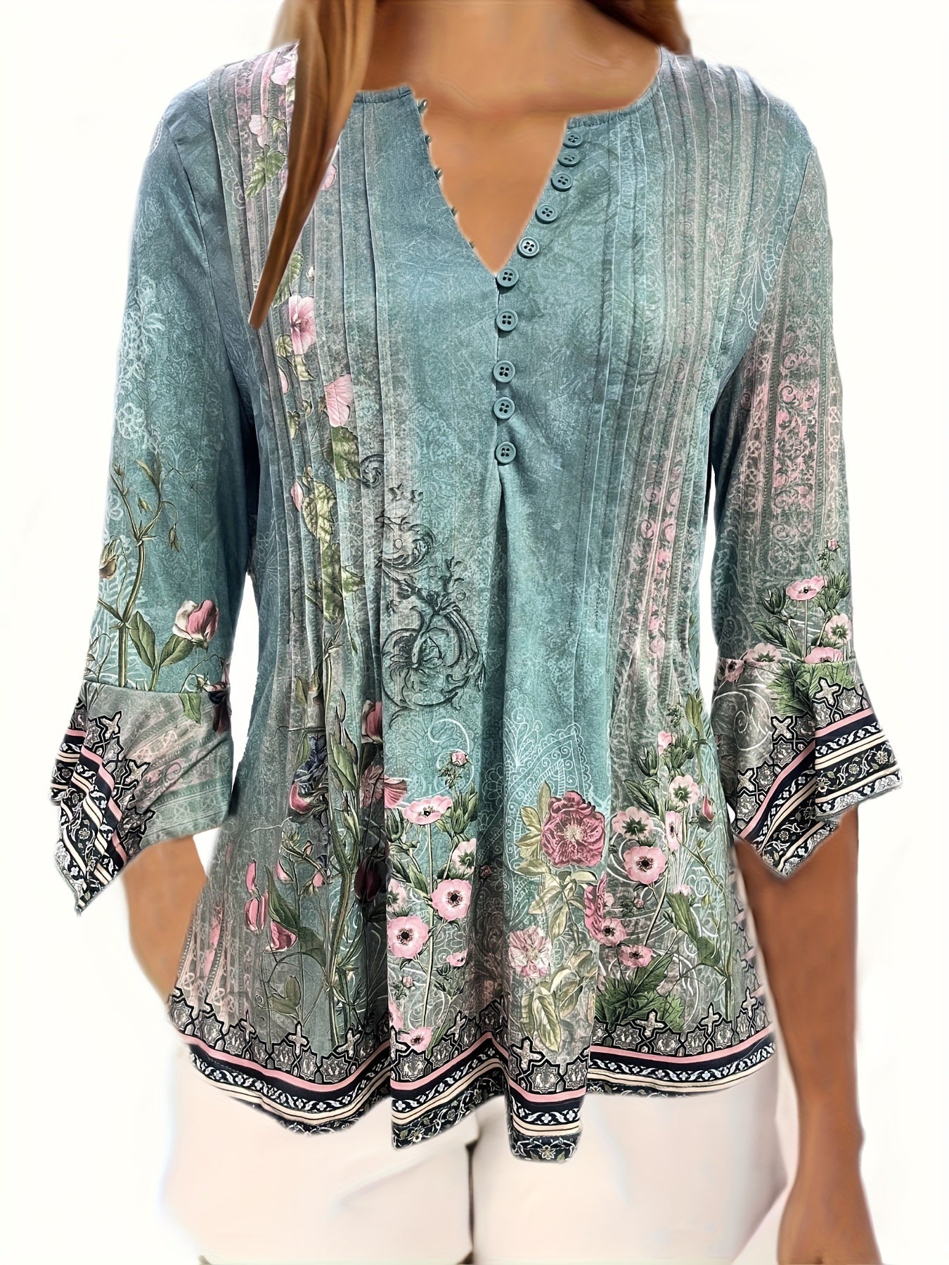 Chloe™ | Chic Floral V-Neck Blouse