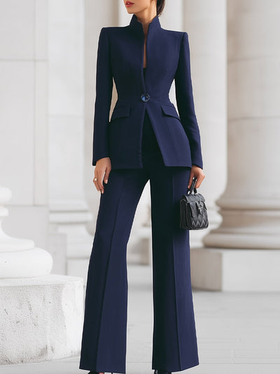 Solid Blazer Trouser Suit Set Collared Long Sleeve | Elegant Workwear Women