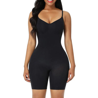Women's Seamless Shapewear Bodysuit Butt Lifter Mid-Thigh Slimming Body Shaper with Adjustable Spaghetti Straps