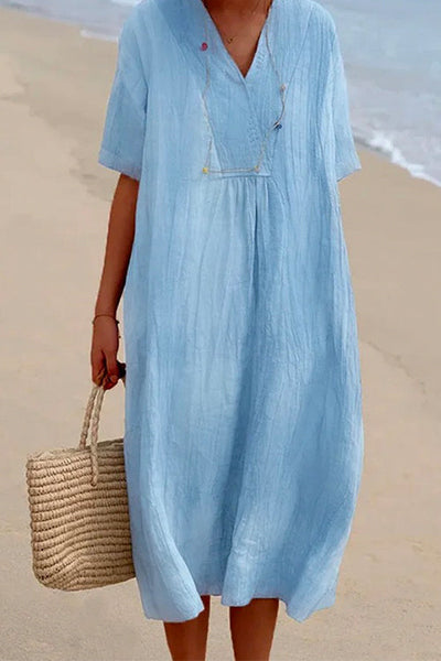 Solid Cotton Midi Dress V-Neck Short Sleeve | Effortless Everyday Women