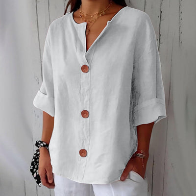 Women's Linen Look V-Neck Shirt | 3/4 Sleeve Button Down Summer Blouse | Breathable Cotton Blend