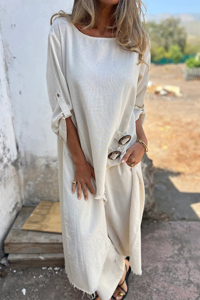 Solid Linen Blend Midi Blouse Round Neck Long Sleeve | Effortless Everyday Women