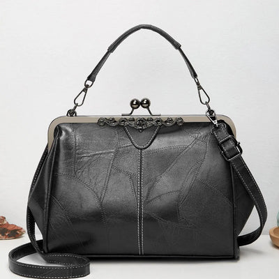 Women's Vintage Kiss-Lock Handbag with Top Handle & Detachable Crossbody Strap, Large Capacity PU Leather Shoulder Bag for Work & Daily Use
