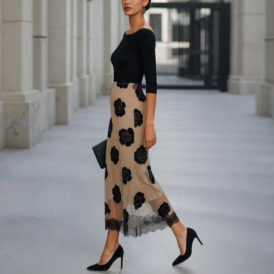 Solid Black Midi Dress Boat Neck A-Line