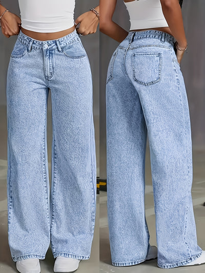 Solid Light Blue Wide Leg Pants High Waist Relaxed Fit | Effortless Workwear Women