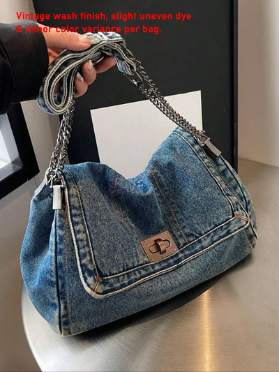 Women's Denim Shoulder Bag with Chain Strap, Washed Blue Crossbody Purse with Turn-Lock Closure & Wide Top Handle