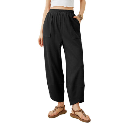 Women's Wide Leg Baggy Pants with Pockets Elastic High Waist Cropped Palazzo Trousers Casual Loose Fit