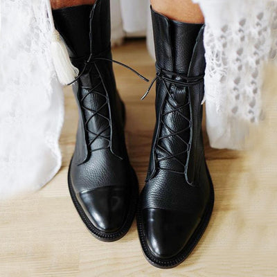 Solid Lace-Up Leather Ankle Boots Durable Construction Comfortable Fit | Timeless Everyday Women