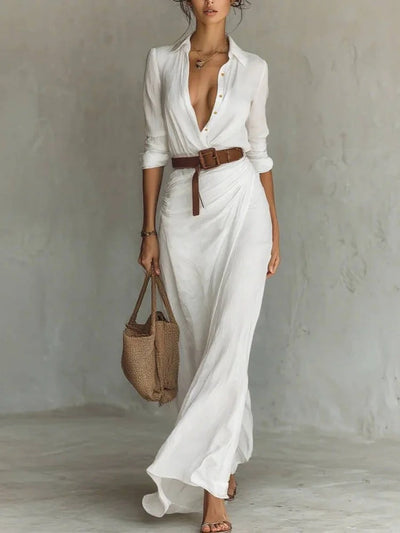 Women's Elegant Maxi Shirt Dress | Ruched Waist Button Down | Safari Style Summer Resort Gown