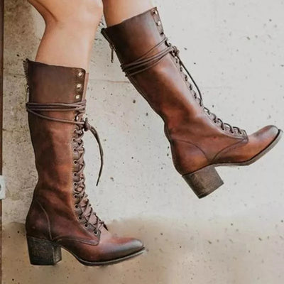 Solid Long Boots Lace-Up Chunky Heels | Chic Evening Out Women