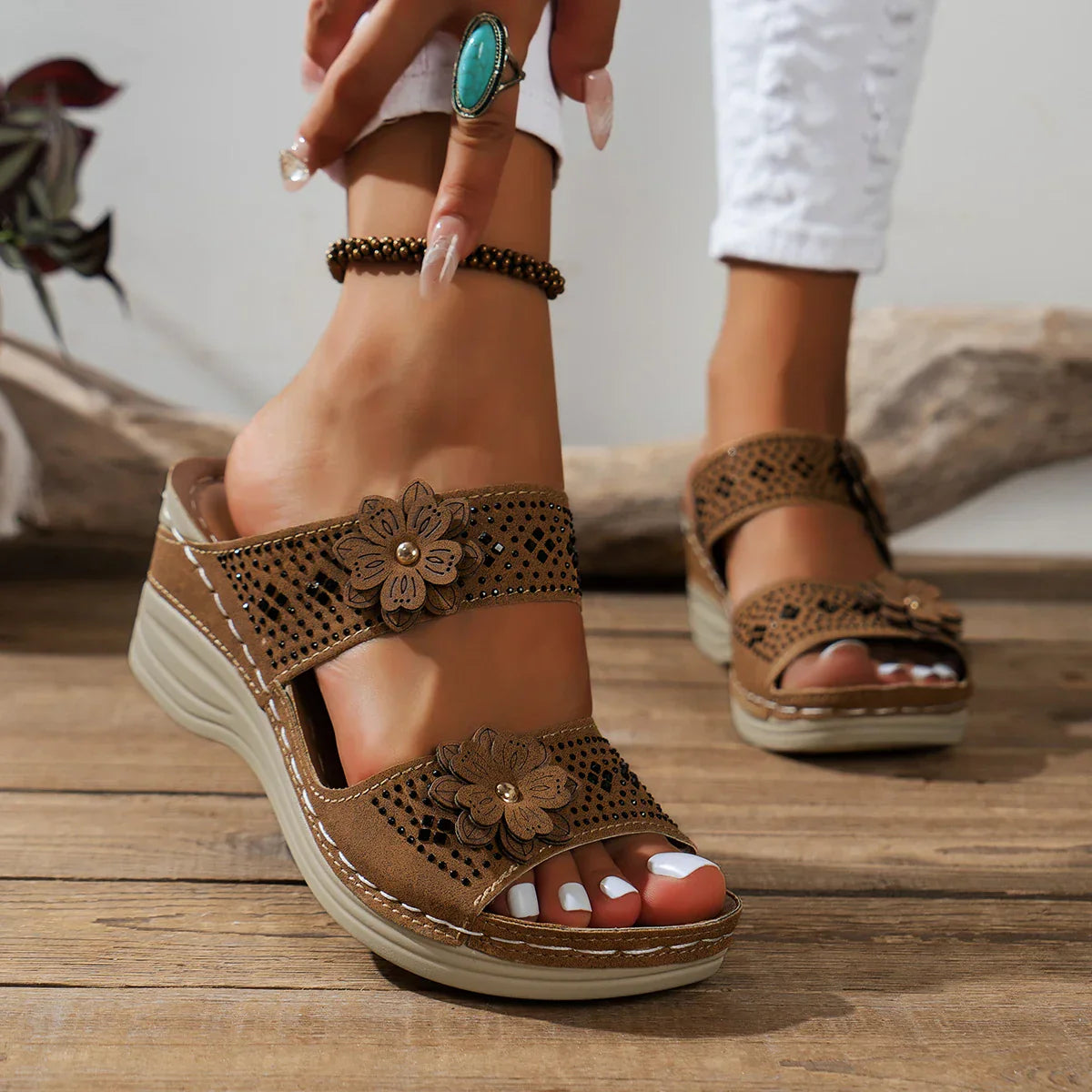 Saira™ | Elegant Floral Wedge Sandals