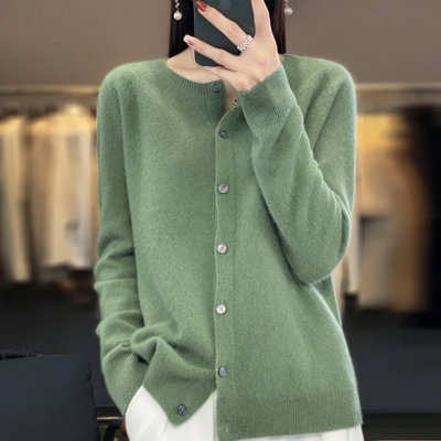 Solid Merino Wool Knit Cardigan Round Neck Long Sleeve | Timeless Everyday Women
