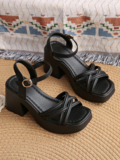 Women's Cross Strap Chunky Heel Sandals, Ankle Strap Platform Block Heel Dress Sandals for Summer, Casual All-Match Open Toe Heels