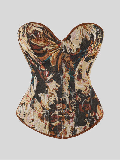 Women's Floral Print Overbust Corset Top, Front Busk Closure Waist Shaping Bustier, Brown Trim Sweetheart Neckline