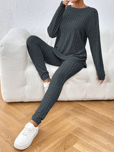 Solid Ribbed Commuting Outfit Round Neck Long Sleeve | Elegant Workwear Women