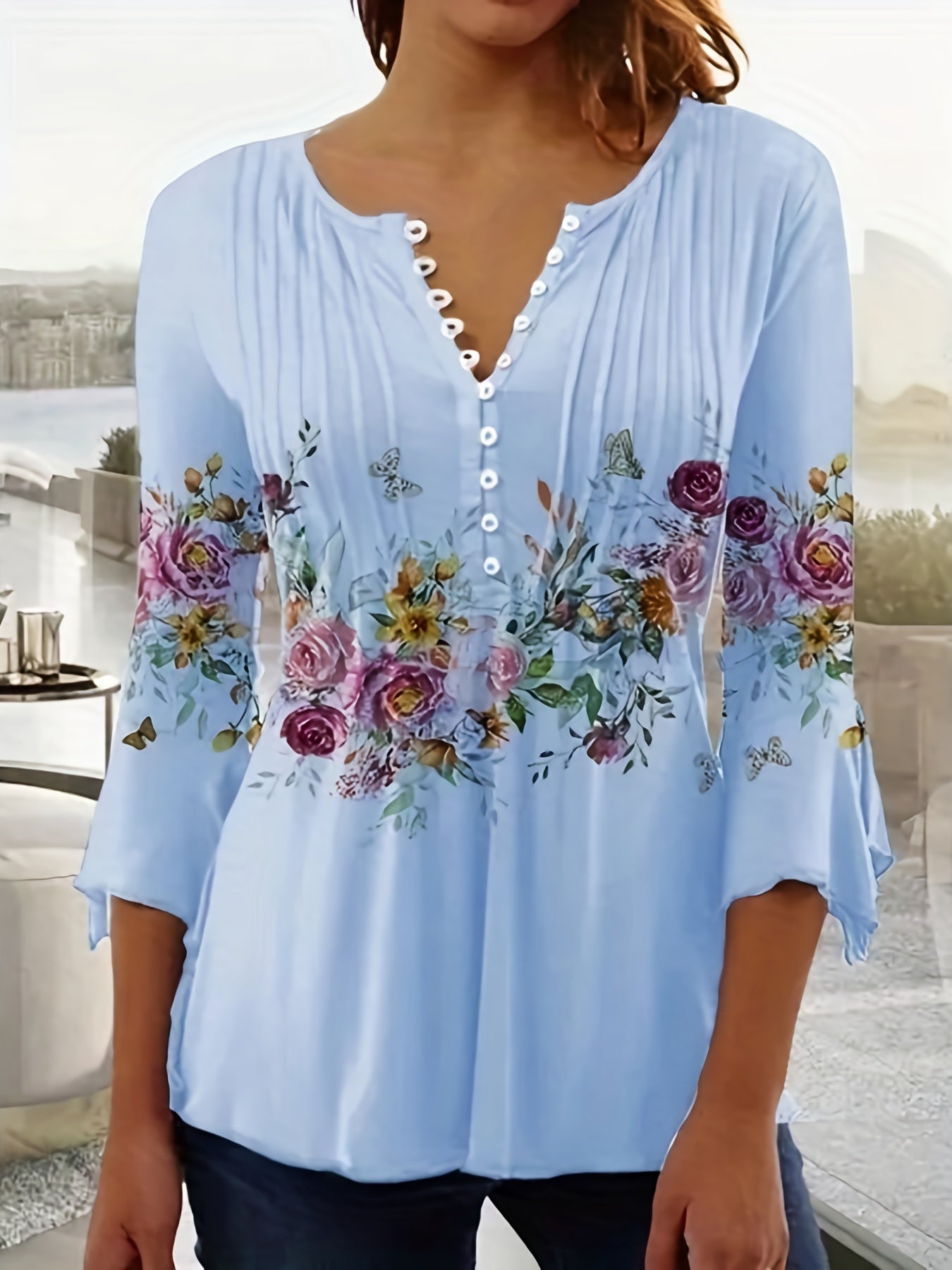 Chloe™ | Chic Floral V-Neck Blouse