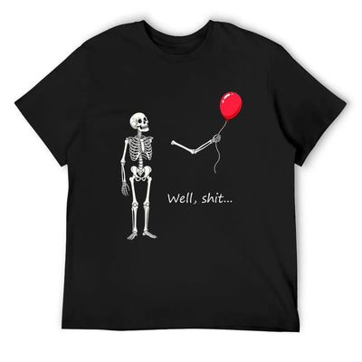 Funny Skeleton Balloon Graphic T-Shirt, Dark Humor Halloween Tee, Black Short Sleeve Cotton Blend Unisex Top