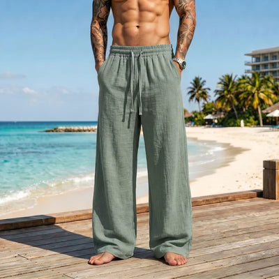 Men's Casual Wide-Leg Pants, Lightweight Breathable Drawstring Elastic Waist Loose Fit Trousers with Side Pockets for Beach, Travel & Everyday Wear