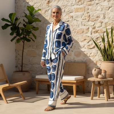 Women's Blue Medallion Print Two-Piece Set