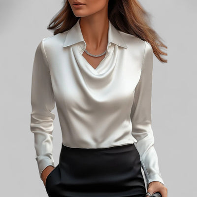 Solid Satin Blouse Draped Neck Long Sleeve | Elegant Evening Out Women