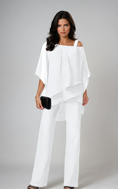 Solid Soft Two-Piece Set One Shoulder Flowy Fit | Elegant Evening Out Women