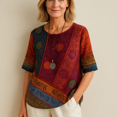 Women's Vintage Patchwork Print Top | Ethnic Tribal Henley Tunic | Short Sleeve Boho Summer Shirt | Multi-Color