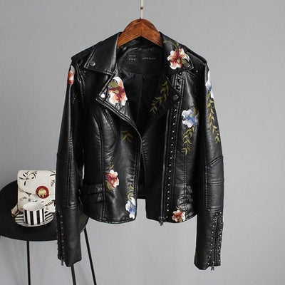 Embroidered Leather Jacket Collared Long Sleeve | Elegant Evening Out Women