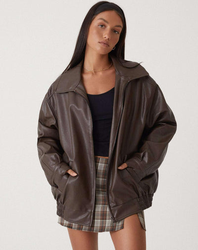 Solid Leather Bomber Jacket Collared Relaxed Fit | Effortless Everyday Women